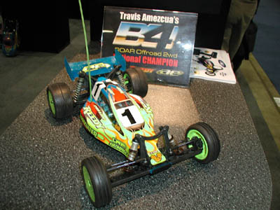 Associated had many championship-winning cars on display, such as this B4 driven by Travis Amezcua to the ROAR 2WD Buggy title.  Note the Team Peanut logo! (Click to enlarge)